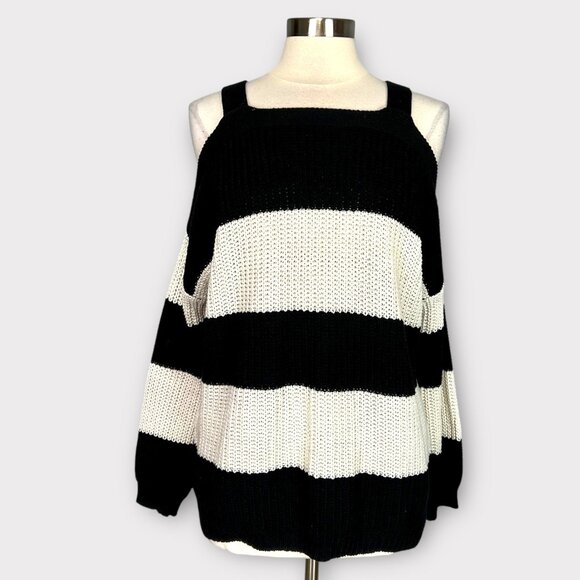 Anthropologie Moth Womens Cold Shoulder Sweater Blsck White Stripes size Medium - Picture 1 of 10